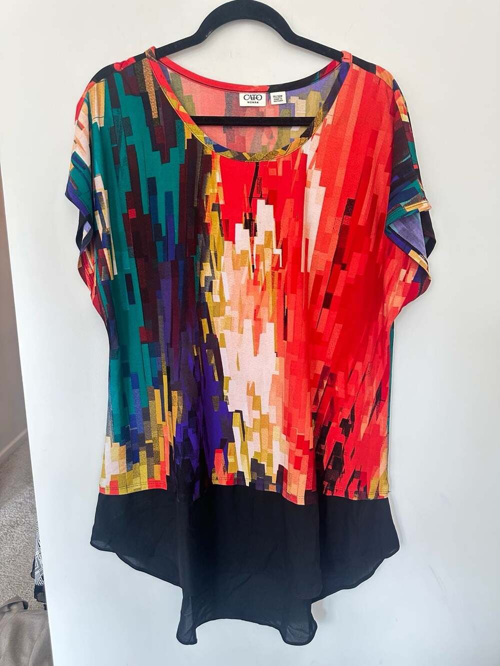 Cato Woman Multicolor Abstract Geometric Print Short Sleeve Tunic Top Size 14/16